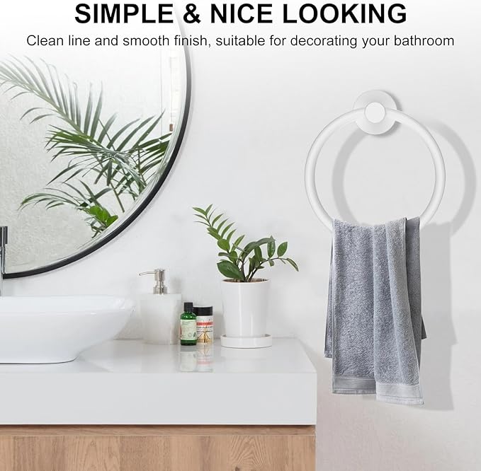 SetSail Towel Holder for Bathroom Wall Screw-in White Towel Ring Stainless Steel Heavy Duty Hand Towel Hanger for Bathrooms, Kitchen, 2 Packs