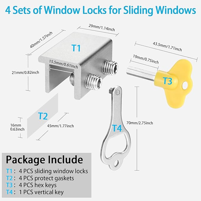 ZRFCXE Window Locks,4 Pack Sliding Window Locks with Key for Vertical & Horizontal Sliding Windows Doors,Easv to Install,Adjustable Security Window Lock for Patio Bedroom Home and Office (Silver)