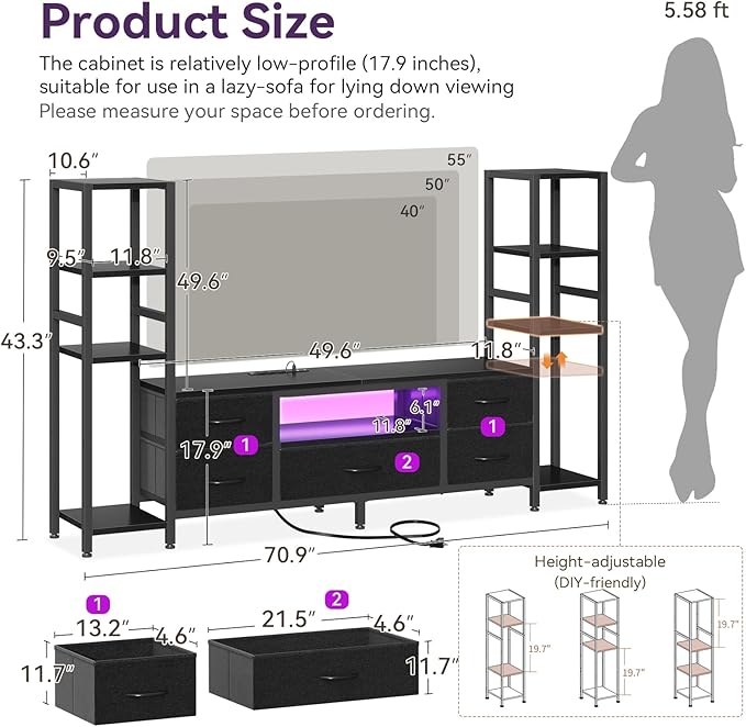 Casaottima TV Stands for 40/43/50 Inch TV, Entertainment Center with LED Lights & Power Outlets, TV Stand Living Room with 5 Fabric Drawers, TV Console Cabinet for Bedroom, Black