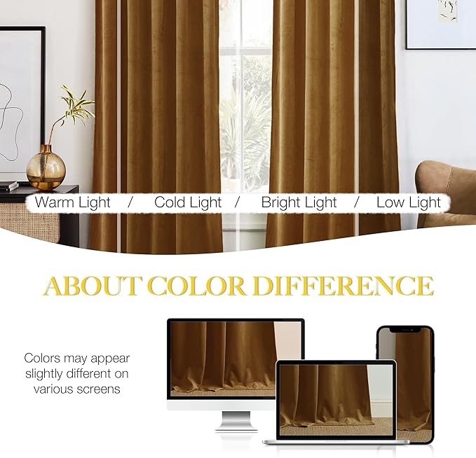 NICETOWN Gold Brown Velvet Curtains for Living Room 84 inches Long, Thick Warm and Smooth Energy Saving Room Darkening Vintage Home Decor, 2 Pieces, 52" W by 84" L