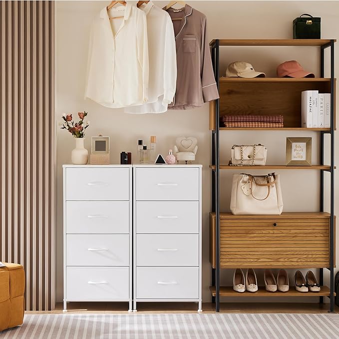 Dresser for Bedroom with 4 Drawers, Anti-Tip Tall Fabric Chests Storage Organizer Tower Furniture with Wooden Top Metal Frame for Clothes, Closet, Living Room, Hallway, Entryway