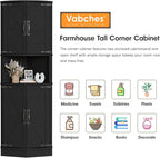 Vabches 64.8" Tall Farmhouse Corner Cabinet with 4 Doors and 5 Storage Shelves, Farmhouse Storage Cabinet with Barn Door Design, Home Space Saver for Living Room, Kitchen, Laundry Room,Black