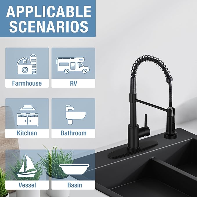 DJS Kitchen Faucets with Pull Down Sprayer Matte Black - Single Handle 1 or 3 Holes Spring Kitchen Sink Faucet with Deck Plate for Farmhouse RV Vessel Basin