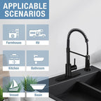 DJS Kitchen Faucets with Pull Down Sprayer Matte Black - Single Handle 1 or 3 Holes Spring Kitchen Sink Faucet with Deck Plate for Farmhouse RV Vessel Basin