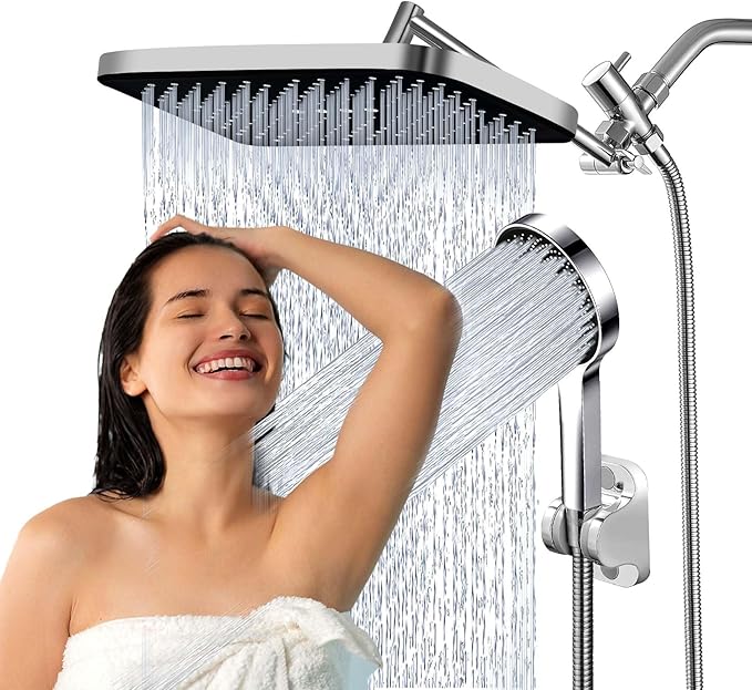 Shower Head,14" High Pressure Shower Combo,Rainfall Shower System with Handheld Spray,All Metal 3-Way Diverter & 6ft Hose,Anti-Clog Nozzles,Easy to Install in Bathrooms-Chrome