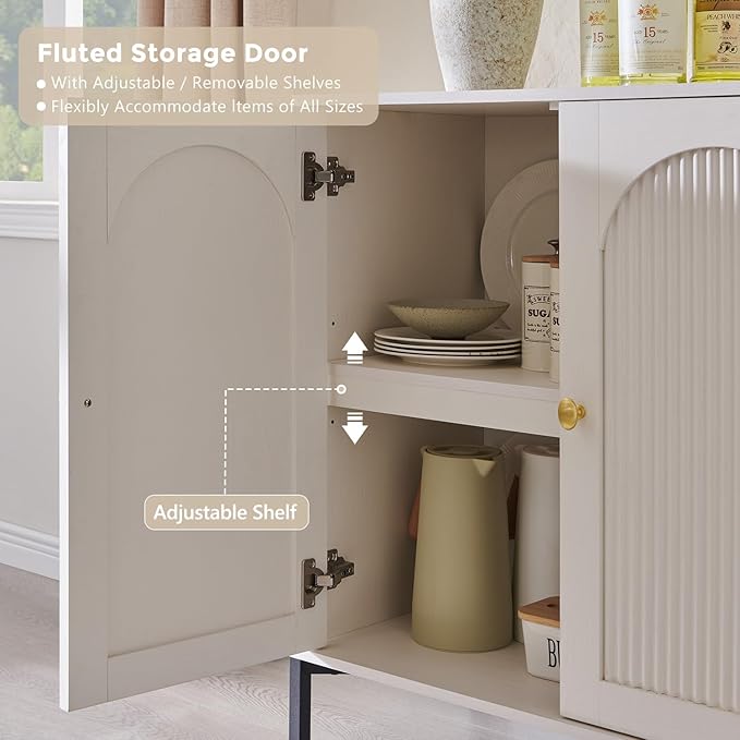 Modern Buffet Cabinet with Storage, 123.5" W Fluted Arched Sideboard Cabinet w/Adjustable Shelves, Wooden Modular Coffee Bar for Dining Room, Kitchen, Living Room, Entryway, White