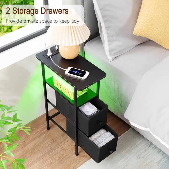 Narrow Nightstand with Charging Station, End Tables Living Room Set of 2, Skinny Side Table with Fabric Drawers, Small Sofa Table with LED Light for Bedroom, Black, HETNDP02LBK