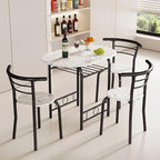 JUMMICO 3-Piece Wooden Round Table & Chair Set, Space Saving Kitchen Breakfast Nook Wood Grain Tabletop with Metal Frame and Built-in Wine Rack for Kitchen, Dining Room (White/Black)