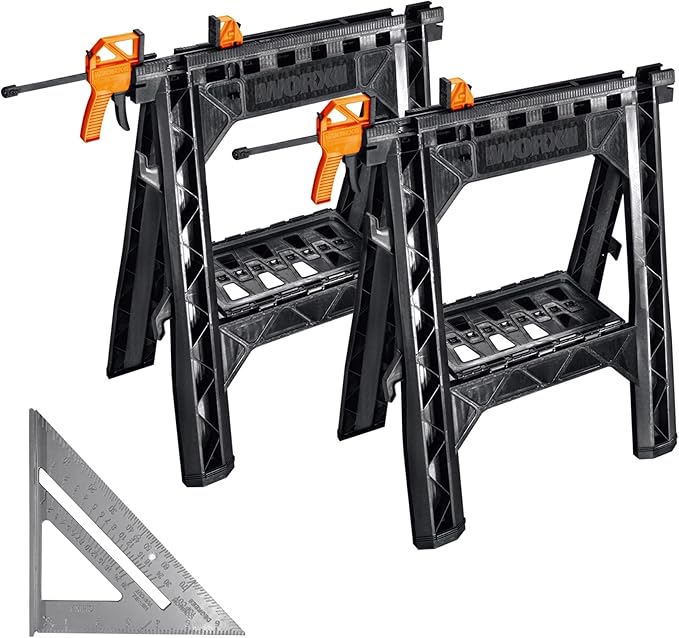 Worx WX065.3 Clamping Sawhorses with Bar Clamps and 7 Inch Metal Triangle Ruler