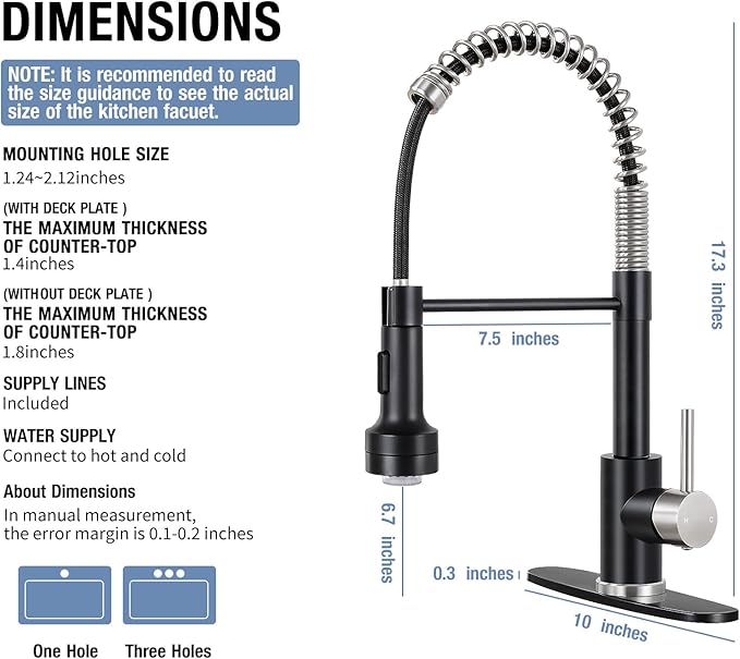 DJS Kitchen Faucets with Pull Down Sprayer Matte Black & Brushed Nickel LED Light Single Handle 1 or 3 Holes Spring Kitchen Sink Faucet with Deck Plate for Farmhouse RV Vessel Basin
