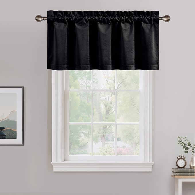 NICETOWN Black Velvet Valance Curtains for Windows 16 inch Length, Kitchen Window Treatment Room Darkening, W52 x L16, 1 Panel