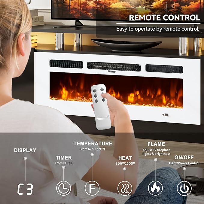 70" TV Stand for Living Room, Modern Entertainment Center & Media Console, Fits TVs up to 80", Storage Cabinet with Shelves, 36" Electric Fireplace with LED Flame