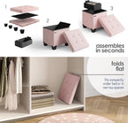 Storage Ottoman Cube with Small Bin, 15-in Square Ottoman with Storage for Living Room and Bedroom, Small Ottomans Foot Rest, Velvet Foot Stools Ottomans Max 330lbs, Pink