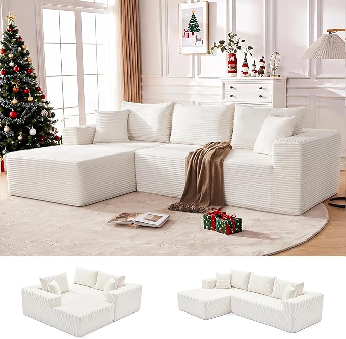 110” Cloud Sectional Couch, Modular Sectional Sofa for Living Room, Boneless Sofa with Deep Seat, Comfy Fluffy Couch with L-Shaped Chaise, No Assembly Required (Left-Facing Chaise, Beige)
