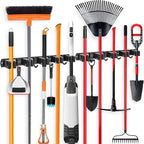 IMILLET 2 Pack Broom and Mop Holder Wall Mounted, Broom Holder Stainless Steel Broom Organizer Heavy Duty Tools Organizer Self Adhesive for Laundry Room Garage Garden（5 Racks and 4 Hooks）