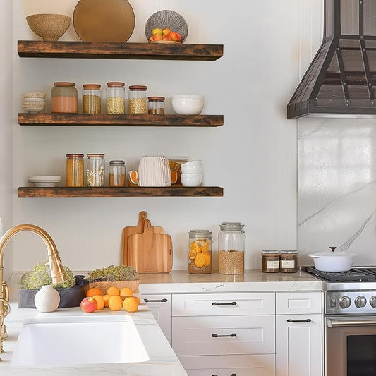 BAYKA Floating Shelves for Wall, 36 inches Wall Mounted Wood Shelves for Bathroom, Bedroom, Living Room, for Storage/Decor with 30lbs Capacity - Rustic Brown,Set of 3