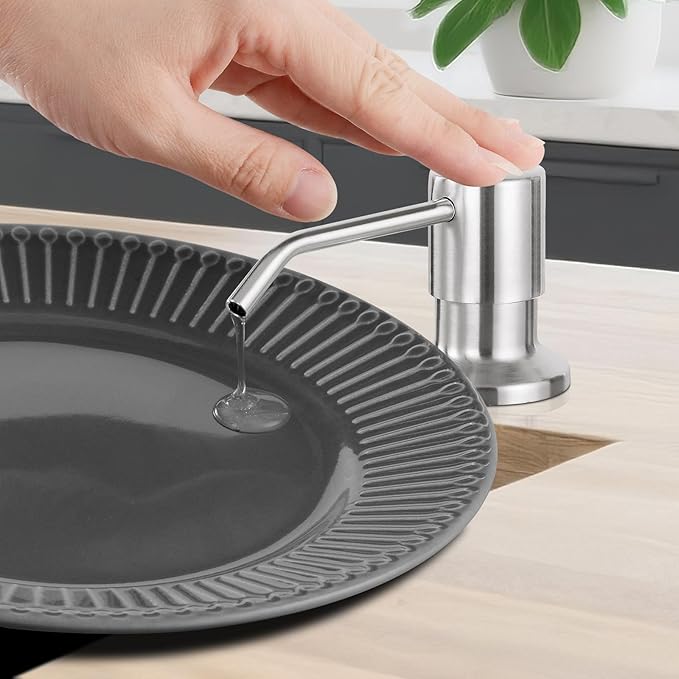 DJS Kitchen Faucets with Soap Dispenser - Dual Mode Setting Single Handle 1 or 3 Holes Commercial Black Kitchen Sink Faucet with Deck Plate for Farmhouse RV Vessel Basin (Brush Nickel)