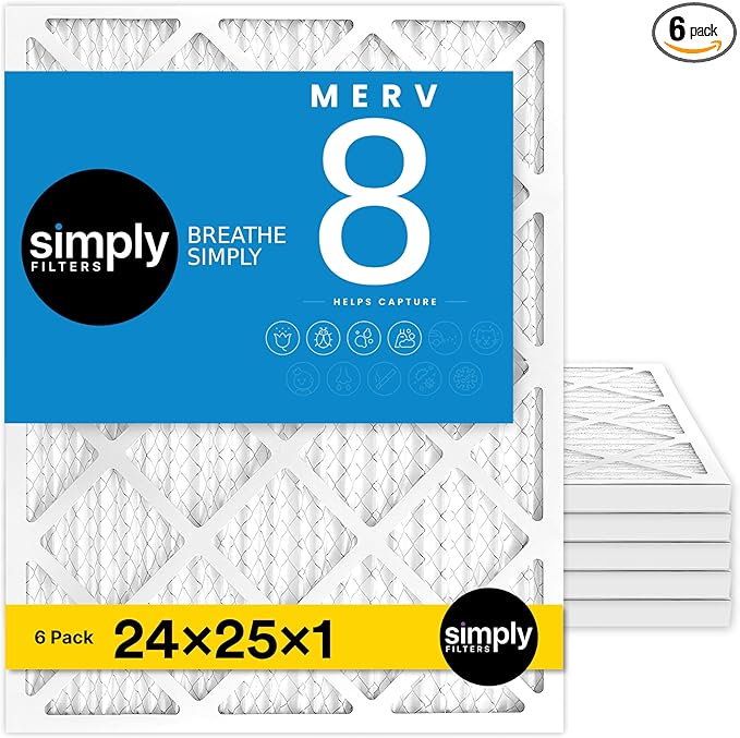 Simply 24x25x1 Air Filter, Merv 8, 6 Pack, For Home AC Furnace & HVAC (Actual Size: 23.75"x24.75"x0.75") DUST, Pet, & Allergy Control