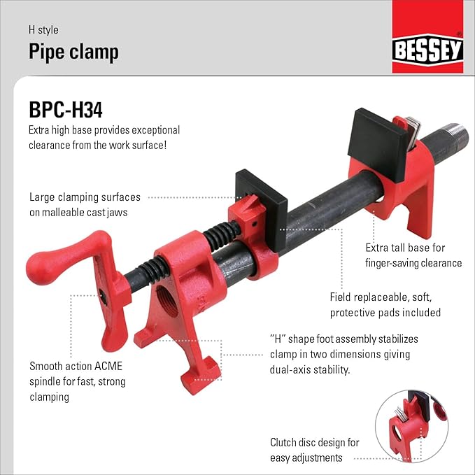 Bessey BPC-H34,3/4-In. H Style Pipe Clamps - Incredibly Versatile,Easy To Assemble,Indespensable Workshop Clamp For Woodworking,Carpentry,Home Improvement,and DIY Projects,(Pack of 4)
