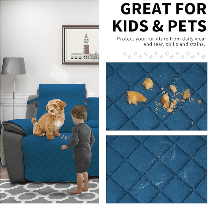 Easy-Going Loveseat Recliner Cover with Console, Reversible Couch Cover for Living Room, Split Sofa Cover for Each Seat with Elastic Straps for Kids, Dogs, Pets(2 Seater, Peacock Blue/Beige)