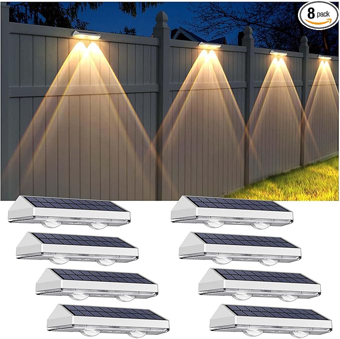 Solar Fence Lights Outdoor - 2700/4000/6000K 3 Modes, IP65 Waterproof Fence Solar Lights Outdoor, Fence Light Solar Powered for Patio Decor/Railing/Step and Wall - Unique Housewarming Gifts（8 Pack