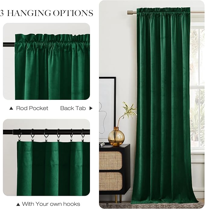 NICETOWN Emerald Green Velvet Curtains 96 inches Long (2 Panels, 52-inch Wide), Home Decoration Thermal Insulated Drapes for Forest Theme Kids Bedroom