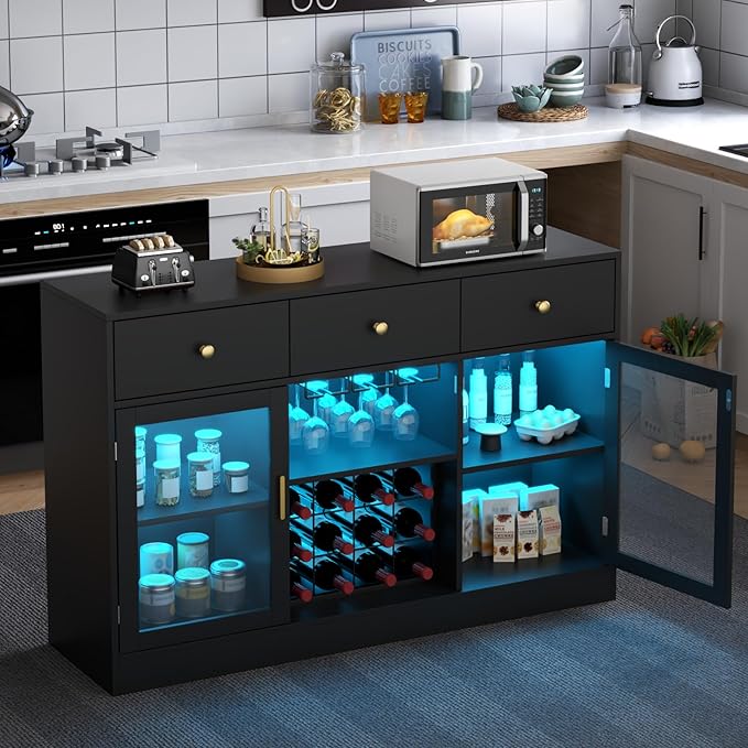 Auromie Wine Bar Cabinet with LED Light, Home Coffee Cabinet with Wine and Glass Rack, Kitchen Buffet Sideboard with Storage Cabinet&Drawers, Modern Liquor Cabinet for Living Room Dining Room (Black.)