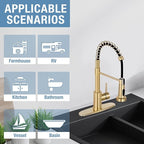 DJS Kitchen Faucets with Pull Down Sprayer Brushed Gold -Single Handle 1 or 3 Holes Spring Kitchen Sink Faucet with Deck Plate for Farmhouse RV Vessel Basin