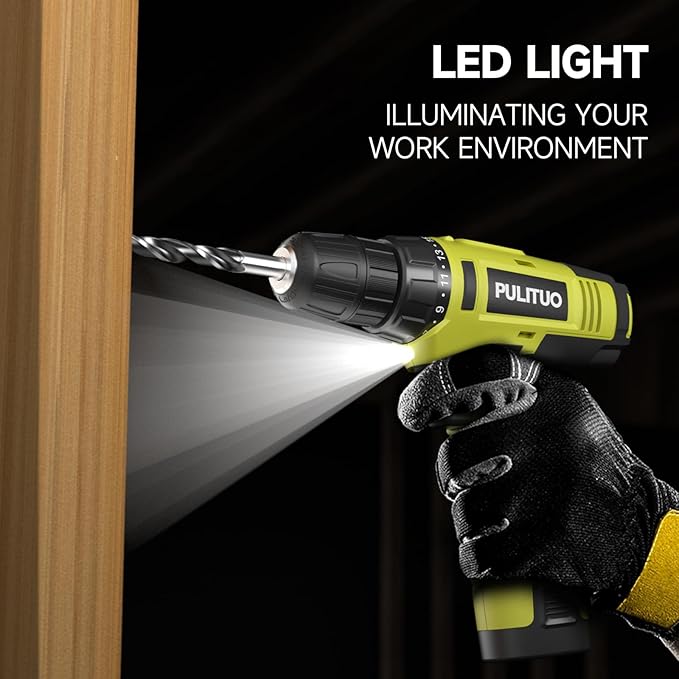 PULITUO 12V Green Cordless Drill Set Power Drill Kit with Battery and Charger,electric drill home improvement,3/8-Inch Keyless Chuck,Built-in LED,21+1 Torque Setting