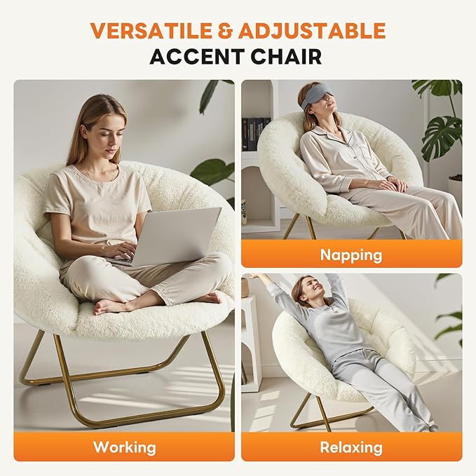 Sweetcrispy Cozy Saucer Chairs Faux Fur Living Room Reading Lounge Furniture Folding Comfy with Soft Thick Padded Seat Metal Frame Modern Style for Bedroom Home Adults, X-Large, White