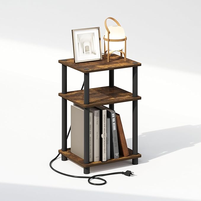 Furinno JUST Night Stand, 3-Tier Turn-N-Tube Nightstand with Charging Station, Bedside Table, End Table, Side Table with USB and Type-C Charging Port, for Bedroom, Closet, Dorm, Amber Pine