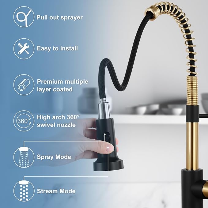 DJS Kitchen Faucets with Pull Down Sprayer Matte Black & Brushed Gold - Single Handle 1 or 3 Holes Spring Kitchen Sink Faucet with Deck Plate for Farmhouse RV Vessel Basin