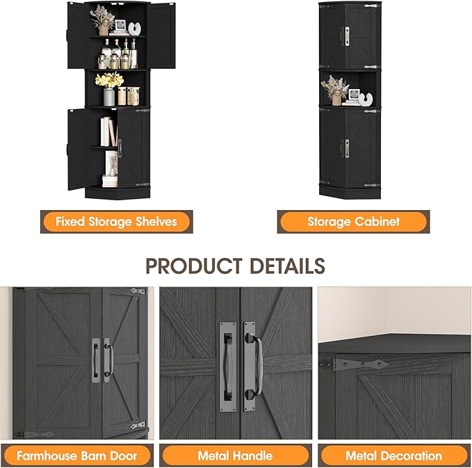 Vabches 64.8" Tall Farmhouse Corner Cabinet with 4 Doors and 5 Storage Shelves, Farmhouse Storage Cabinet with Barn Door Design, Home Space Saver for Living Room, Kitchen, Laundry Room,Black