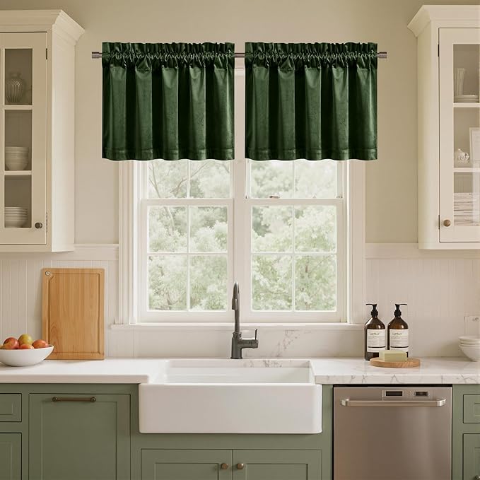 NICETOWN Velvet Cafe Windows Valance, Olive Green Window Treatment for Kitchen, Privacy Protection Home Decoration for Living Room, W52 x L18, 1 Panel