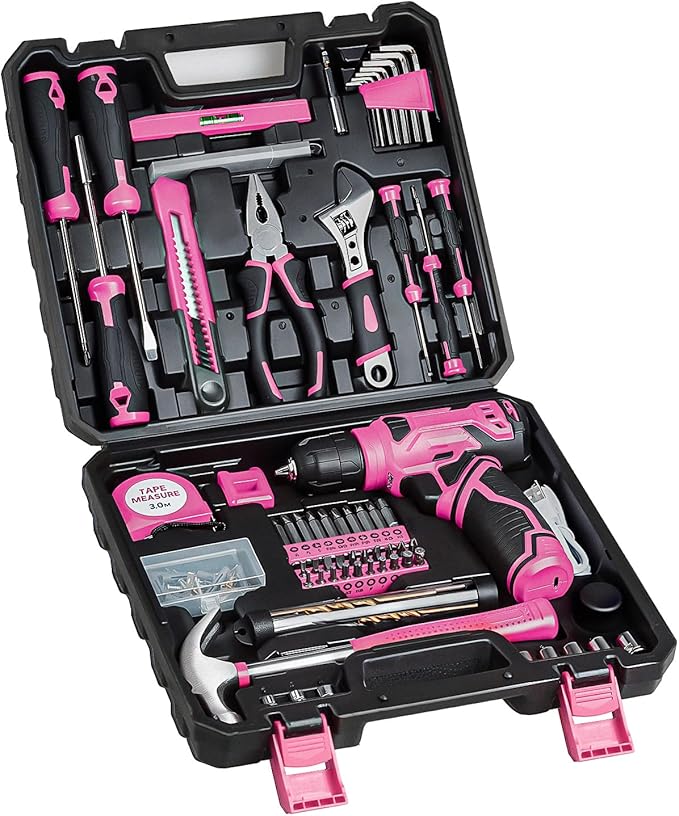 Tool Set - Tool Kit with 8V Cordless Drill, 132 Piece Tool Box with Drill, Home Tool Kits for Women & Men, Hand Drill Set Perfect for Homeowner, Diyer, Handyman - Pink