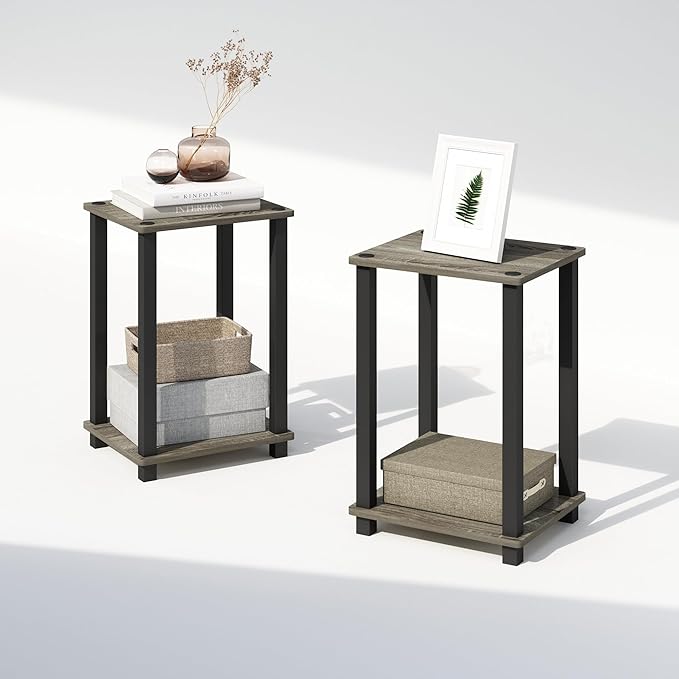 Furinno Simplistic Night Stand Set of 2, 2-Tier Small Nightstand with Open Shelf, Toolless Assembly Bedside Table, End Table, Side Table, for Bedroom, Closet, Dorm, French Oak