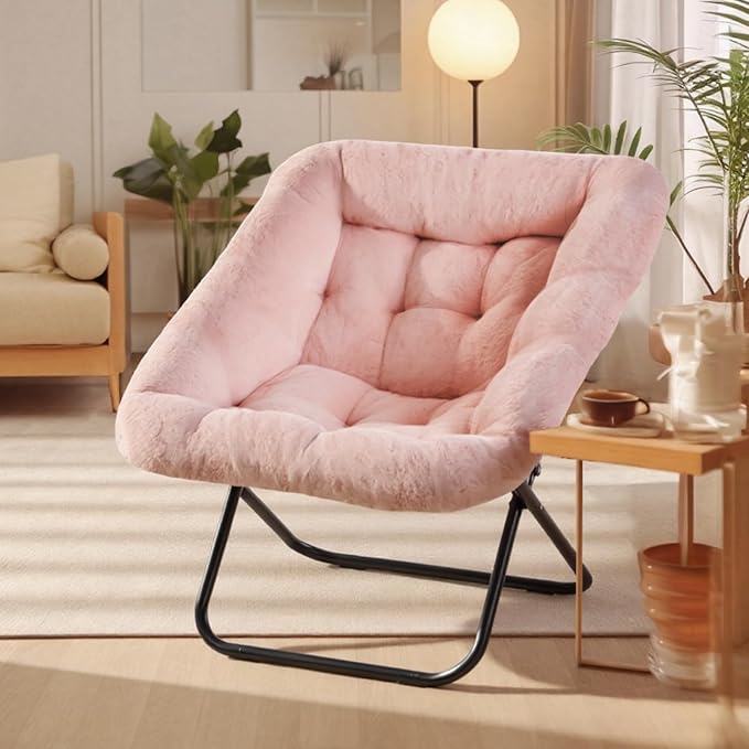 DUMOS Saucer Chair, Foldable Living Room Chairs, Soft Faux Fur Lounge Chair for Bedroom, Reading Chairs for Adults, X-Large (Pink)
