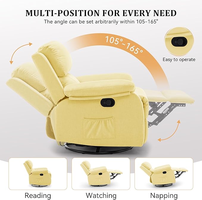 Recliner Chair, 360 Swivel Rocker Chair for Adults, Small Rocking Recliner for Small Spaces, Upholstered Fabric Glider Recliner Nursery