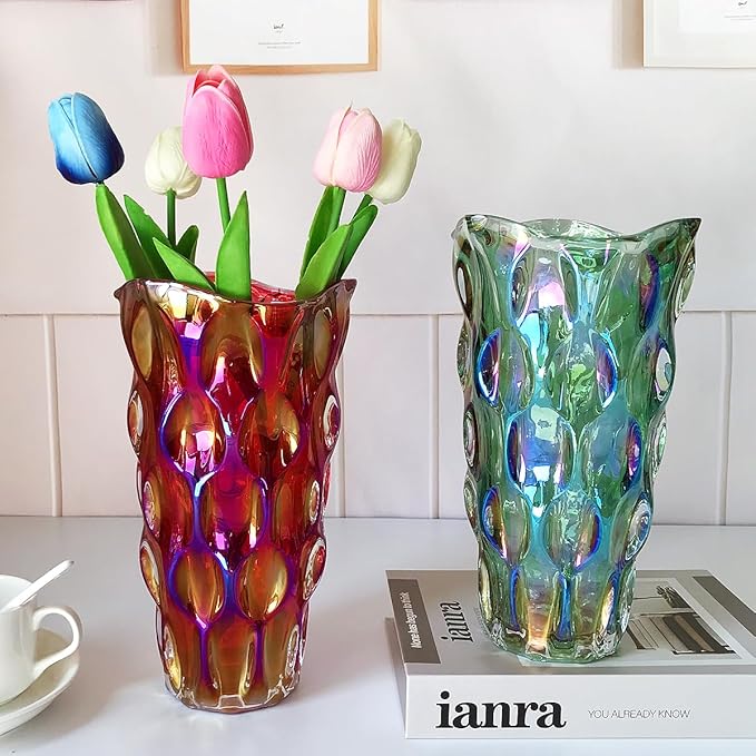 Unbreakable Flower Glass Vase 3.5lb 9.5inch Sparkle vase Bohemian Style, for Centerpieces,Kitchen,Office, Living Room,Wedding,Perfect Home Decor Glass Vase (Sparkle red)