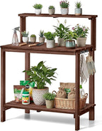 VEVOR Potting Bench Table, Outdoor Gardening Workstation with 36 x 20 in Wood Tabletop, Garden Planting Work Station with Storage Shelves, Hook for Outside Patio, Backyard, Brown