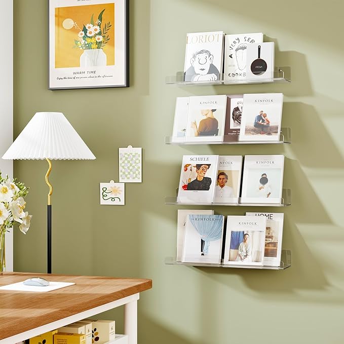 4 Pack Floating Shelves for Wall, 15" Clear Book Shelf, Acrylic Floating Wall Shelf, Display Shelves Organizer for Bathroom, Classroom, Bedroom, Living Room, Kitchen, Room Decor