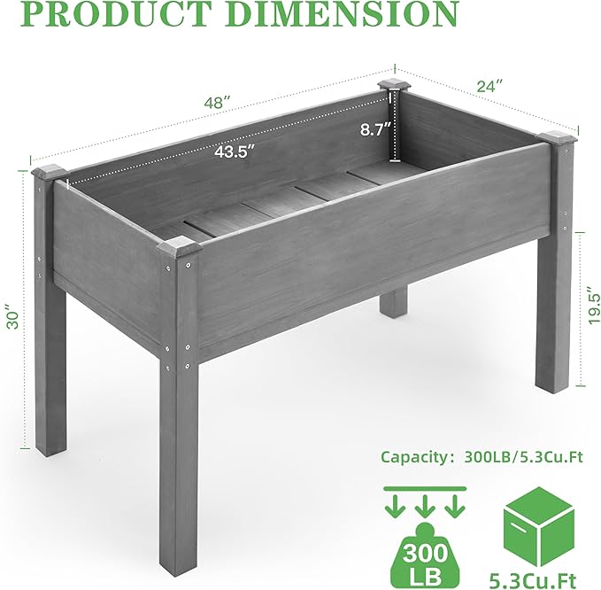 Raised Garden Bed with Legs (48x24x30''), Solid Wood Elevated Planter Box for Outdoor