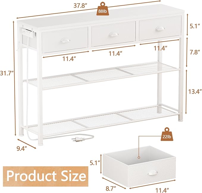Furologee 38in Console Table with 3 Drawers, Small Sofa Table with Lights and Power Outlets, Hallway Tables with 3-Tier Shelves, White Narrow Console Table for Entryway, Living Room, Couch, Foyer