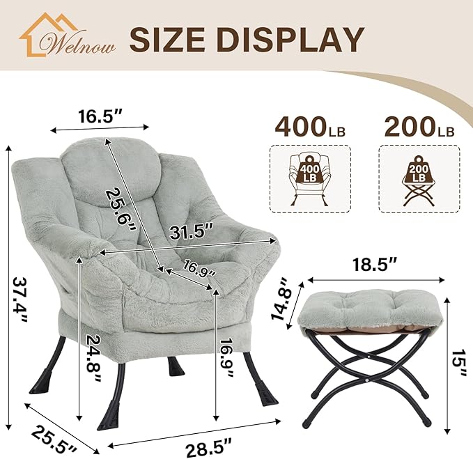 Welnow Lazy Chair with Ottoman, Modern Accent Chair with Armrests and a Side Pocket, Leisure Sofa Armchair, Reading Armchair with Footrest for Small Space, Plush Green