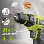 PULITUO 12V Green Cordless Drill Set Power Drill Kit with Battery and Charger,electric drill home improvement,3/8-Inch Keyless Chuck,Built-in LED,21+1 Torque Setting