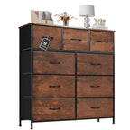 Dresser for Bedroom with 9 Drawers, Anti-Tip Tall Fabric Chests Storage Organizer Tower Furniture with Wooden Top Metal Frame for Clothes, Closet, Living Room, Hallway, Entryway