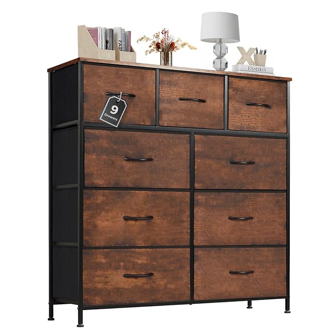 Dresser for Bedroom with 9 Drawers, Anti-Tip Tall Fabric Chests Storage Organizer Tower Furniture with Wooden Top Metal Frame for Clothes, Closet, Living Room, Hallway, Entryway