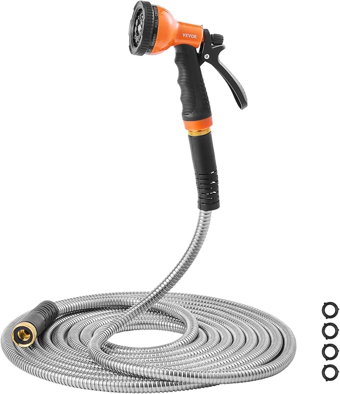 VEVOR Garden Hose Metal 50FT – Heavy Duty Stainless Steel Water Hose, Flexible, No Kink & Tangle, Puncture Resistant & Rust Proof, Lightweight w/ 10-Function Spray Nozzle for Yard, Outdoor, Gardening