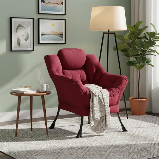 Welnow Lazy Chair for Living Room, Modern Reading Accent Chair with Armrests and a Side Pocket, Leisure Upholstered Lazy Sofa for Small Space, Bedroom, Dorm, Burgundy