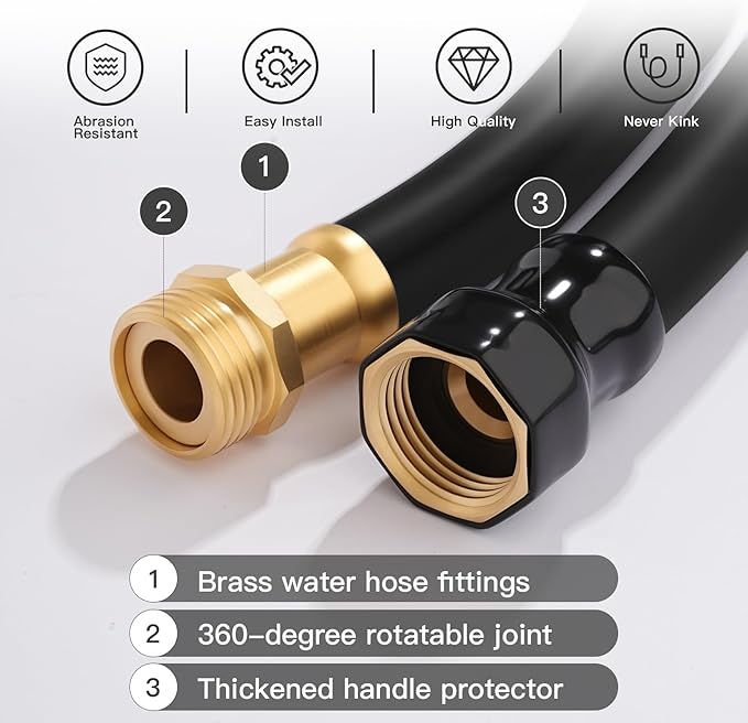 Garden Hose 5/8" x 75ft - Brass connector Rubber Heavy Duty Water Hose 600 PSI Burst Pressure, Durable Flexible Hose for Yard, Car Wash, Pets Black